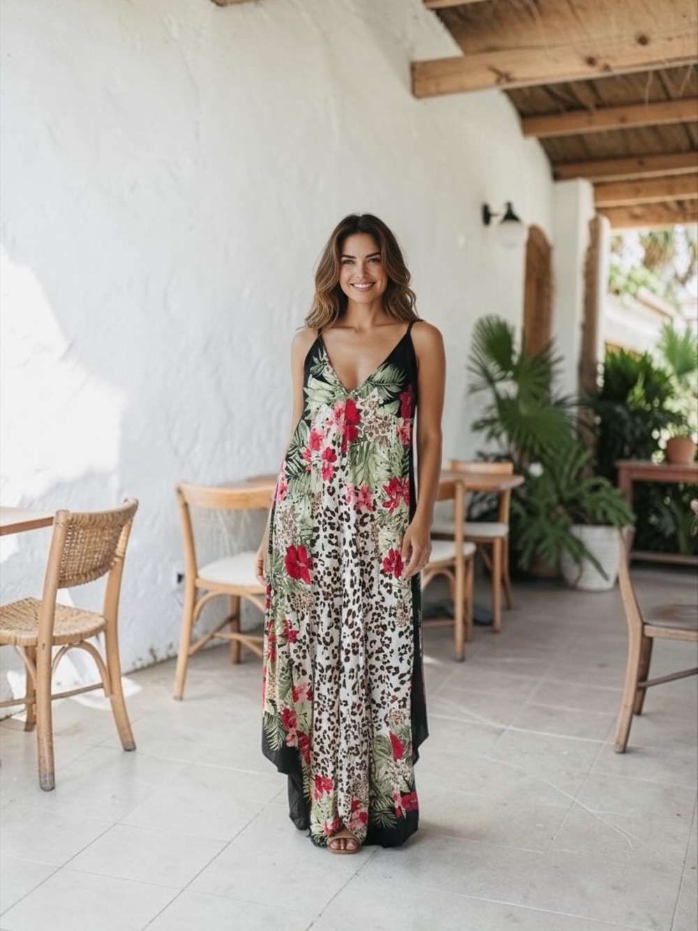 Tommy Bahama Black Maxi Dress with Red Floral & Leopard Panel